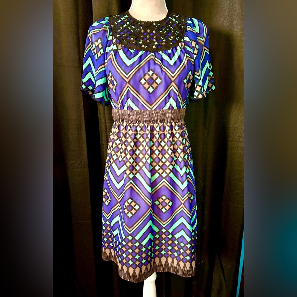 Anna Sui Tan, Blue Multi Silk Dress w/ Studded Bib Collar, US Size 4
